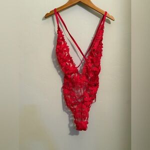 Victoria’s Secret Red Lace Teddy Bodysuit L/XL Floral Sheer Strappy Lingerie
